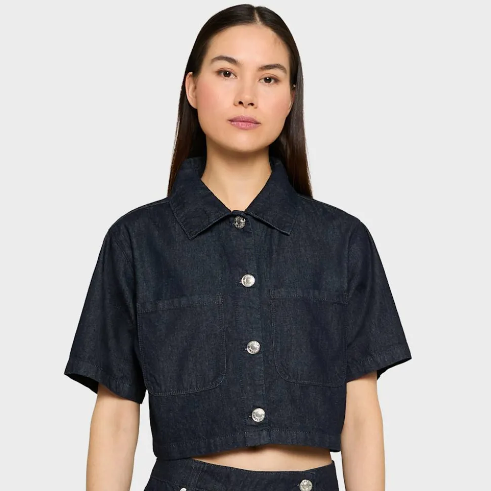 Ladies Cropped Light Denim Shirt